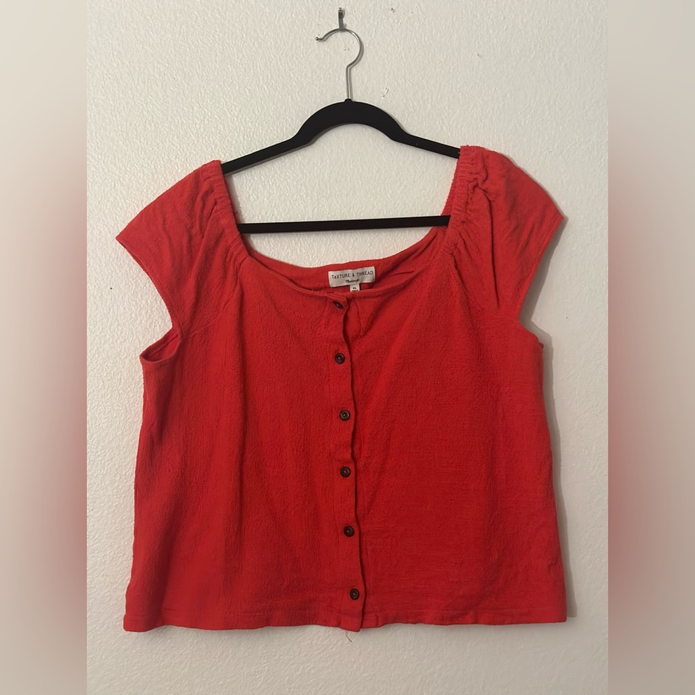 Cap sleeve Madewell blouse. Bright red top.
